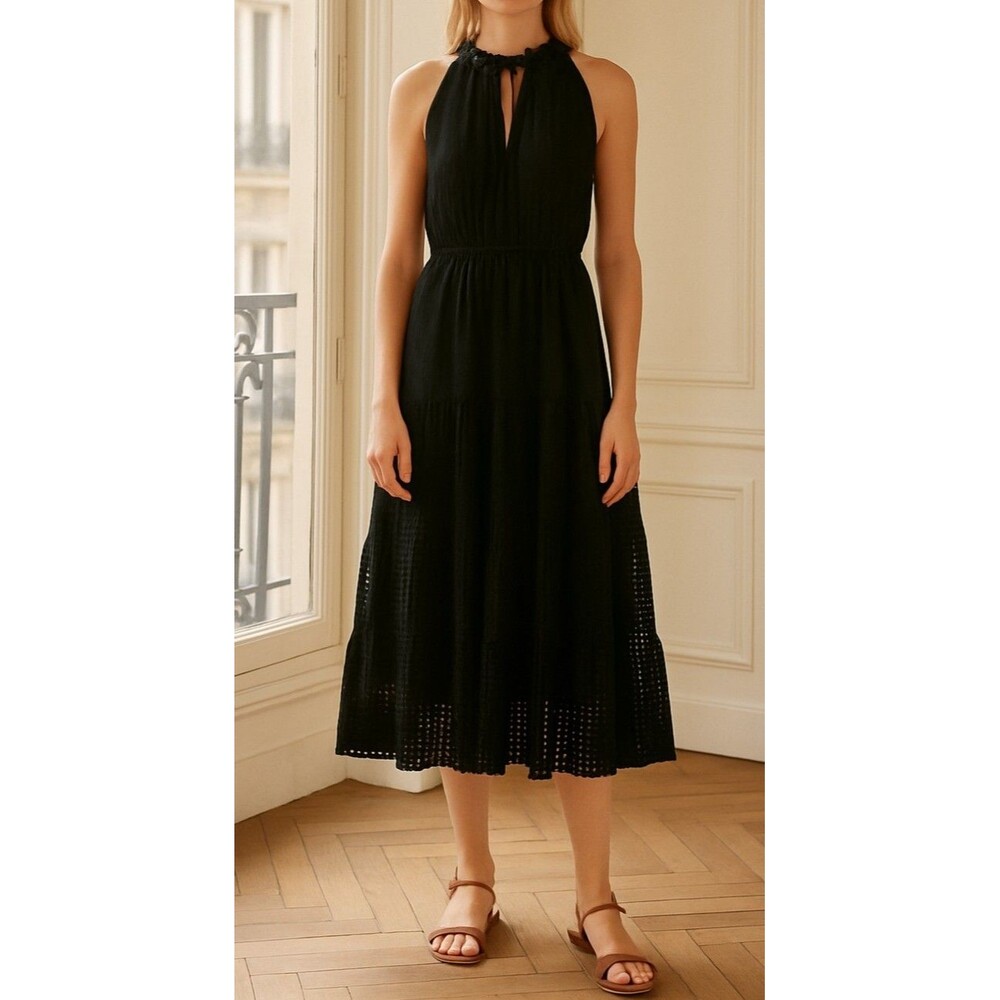 1.State Sleeveless Tiered Maxi Dress Black XL Tie Neck Dress NWT